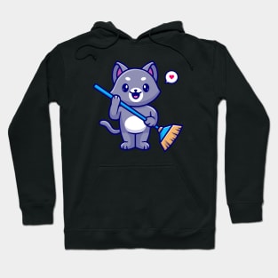 Cute Cat Holding Broom Cartoon Hoodie